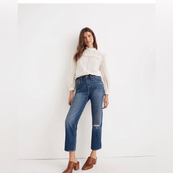 Madewell Classic Straight Jeans in Jade Wash: Knee-Rip Edition J7951 - Picture 3 of 12